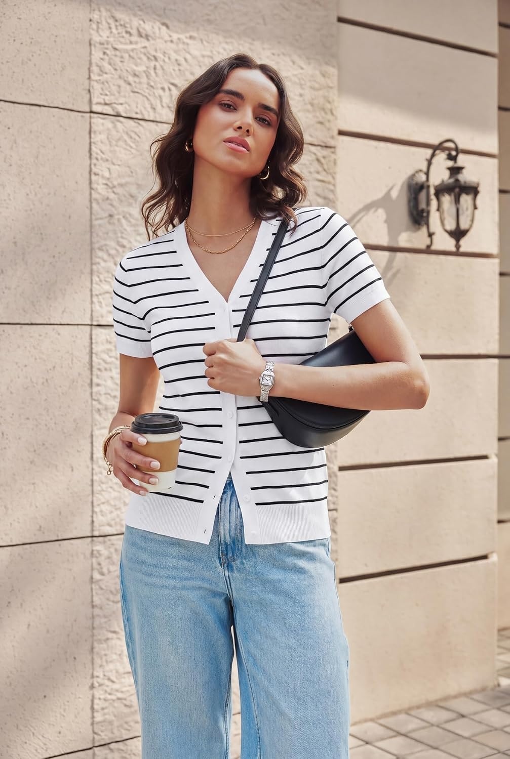 image:imageGRACE KARIN Womens Short Sleeve Cardigan Sweaters 2026 Summer Lightweight Cropped Cardigan V Neck Casual Clothing TopsWhite Black Stripe