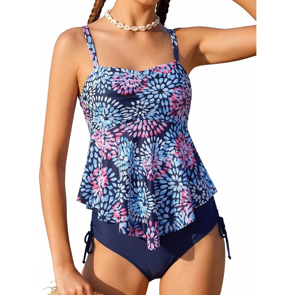 image:imageGRACE KARIN Girls Tankini Swimsuit Swimwear Teen Cute Ruffle Bathing Suit Kids 2 Piece Shirred Bikini Set with Padded 816Blue Fireworks
