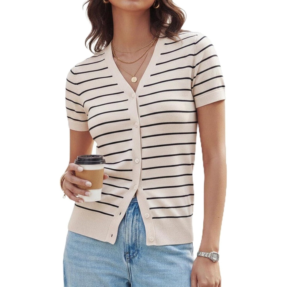 image:imageGRACE KARIN Womens Short Sleeve Cardigan Sweaters 2026 Summer Lightweight Cropped Cardigan V Neck Casual Clothing TopsBeige Black Stripe