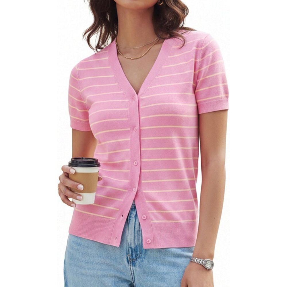 image:imageGRACE KARIN Womens Short Sleeve Cardigan Sweaters 2026 Summer Lightweight Cropped Cardigan V Neck Casual Clothing TopsPink Yellow Stripe