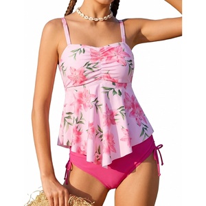GRACE KARIN Girls Tankini Swimsuit Swimwear Teen Cute Ruffle Bathing Suit Kids 2 Piece Shirred Bikini Set with Padded 8-16(Pink Floral)