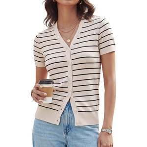 GRACE KARIN Womens Short Sleeve Cardigan Sweaters 2026 Summer Lightweight Cropped Cardigan V Neck Casual Clothing Tops(Beige Black Stripe)