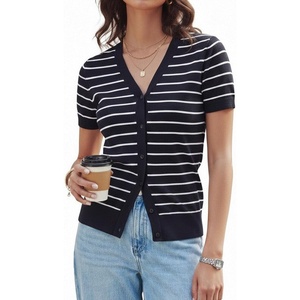 GRACE KARIN Womens Short Sleeve Cardigan Sweaters 2026 Summer Lightweight Cropped Cardigan V Neck Casual Clothing Tops(Black White Stripe)