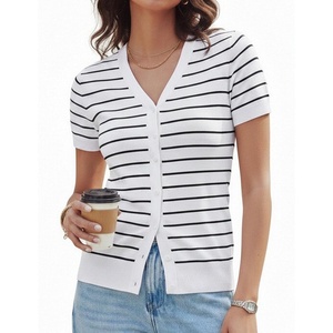 GRACE KARIN Womens Short Sleeve Cardigan Sweaters 2026 Summer Lightweight Cropped Cardigan V Neck Casual Clothing Tops(White Black Stripe)