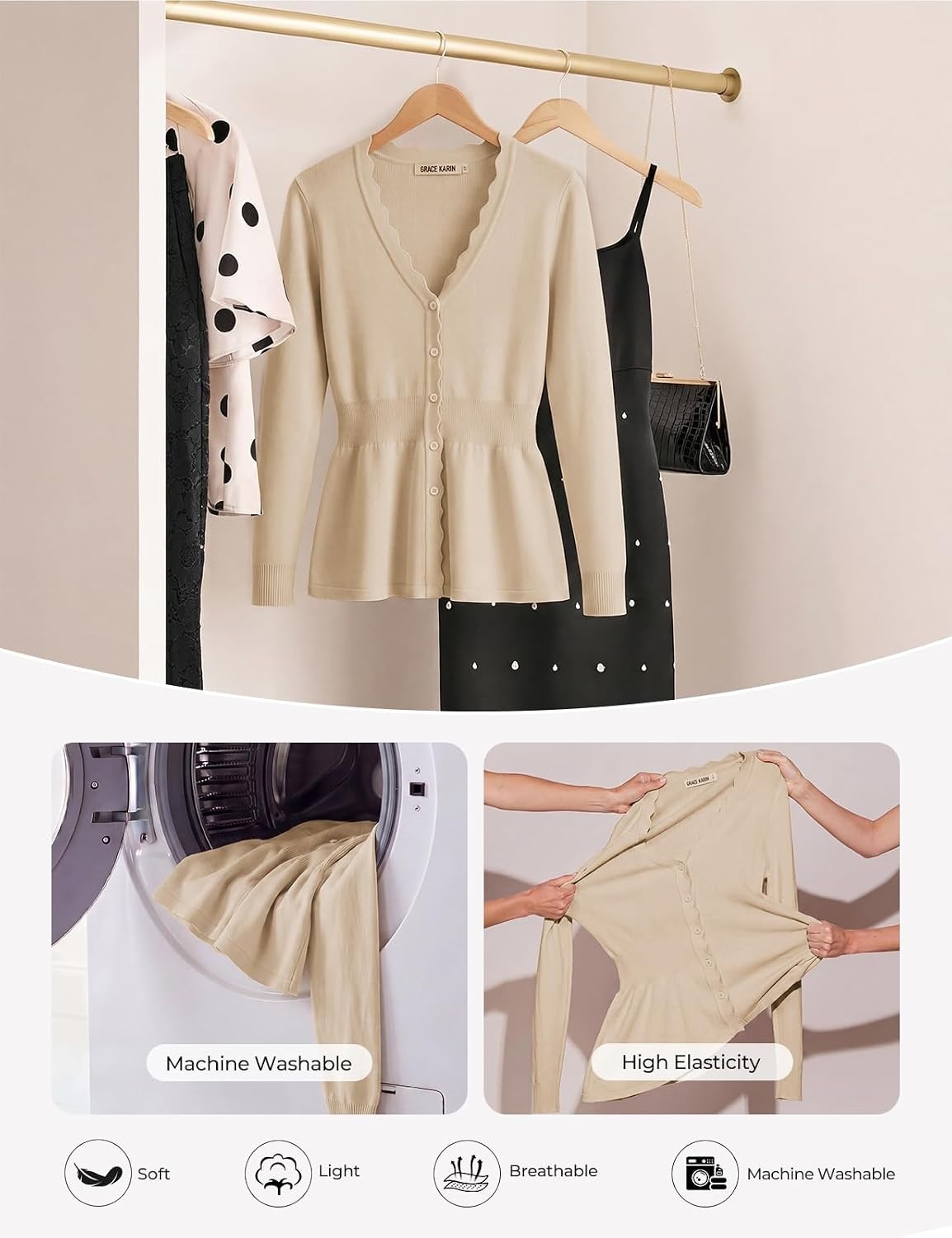 image:imageGRACE KARIN Cardigan Sweaters for Women Lightweight Long Sleeve Knit Blazer V Neck Scalloped Button Up Peplum TopsApricot