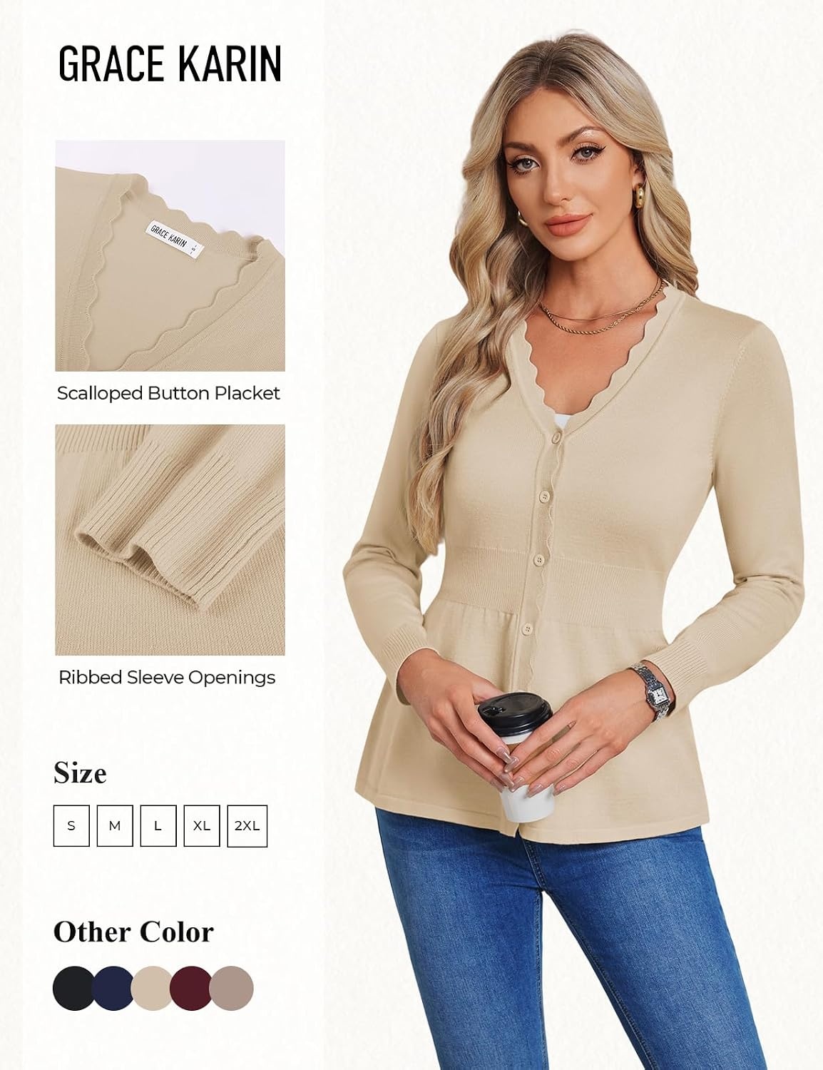 image:imageGRACE KARIN Cardigan Sweaters for Women Lightweight Long Sleeve Knit Blazer V Neck Scalloped Button Up Peplum TopsApricot