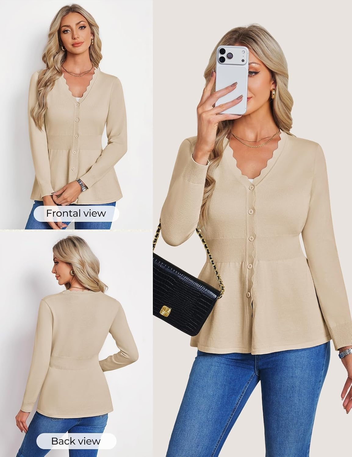 image:imageGRACE KARIN Cardigan Sweaters for Women Lightweight Long Sleeve Knit Blazer V Neck Scalloped Button Up Peplum TopsApricot