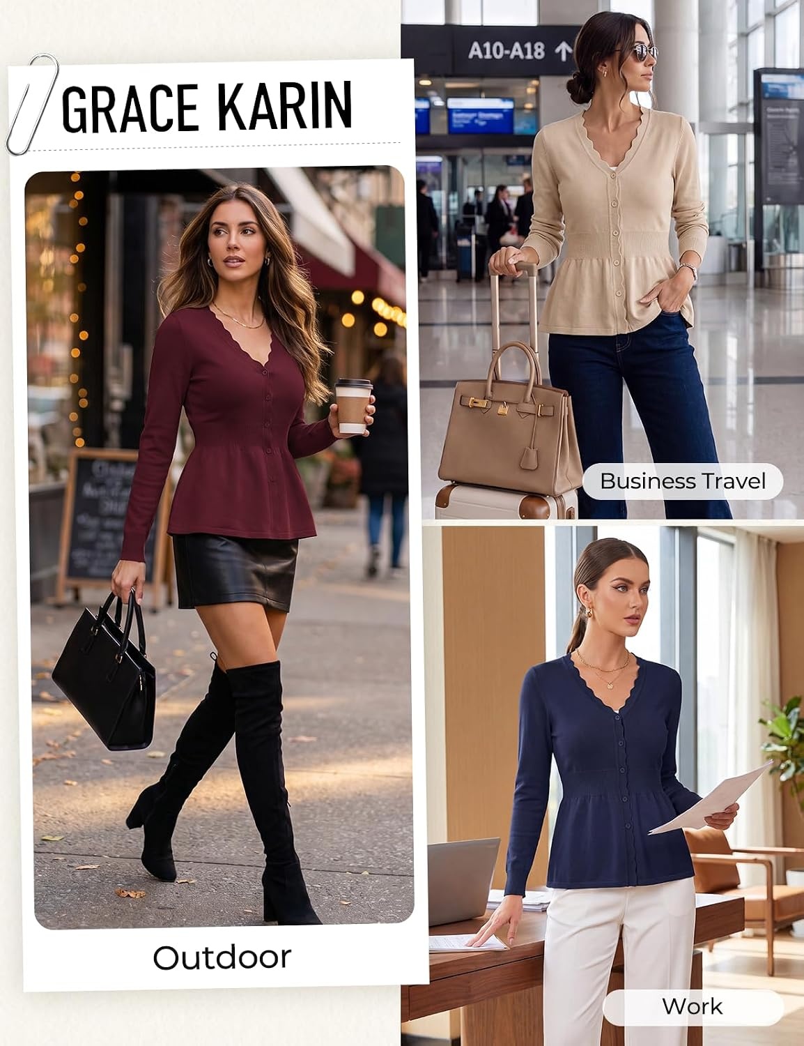 image:imageGRACE KARIN Cardigan Sweaters for Women Lightweight Long Sleeve Knit Blazer V Neck Scalloped Button Up Peplum TopsApricot