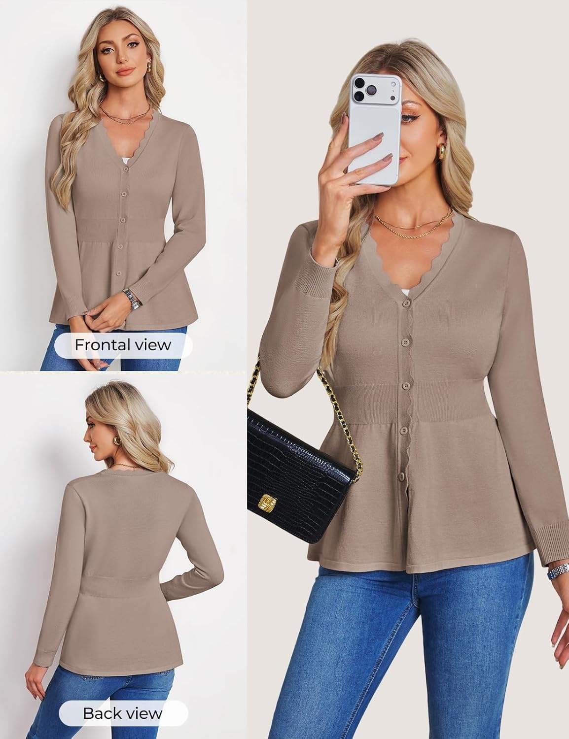 image:imageGRACE KARIN Cardigan Sweaters for Women Lightweight Long Sleeve Knit Blazer V Neck Scalloped Button Up Peplum TopsCamel
