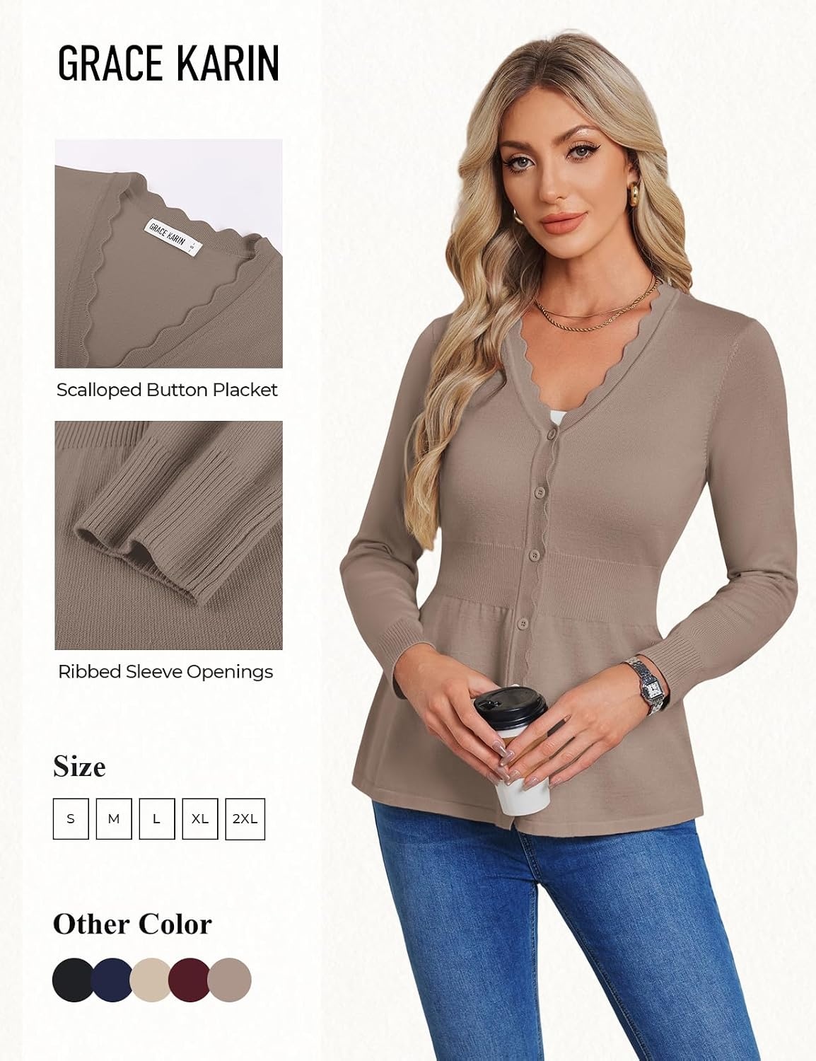 image:imageGRACE KARIN Cardigan Sweaters for Women Lightweight Long Sleeve Knit Blazer V Neck Scalloped Button Up Peplum TopsCamel