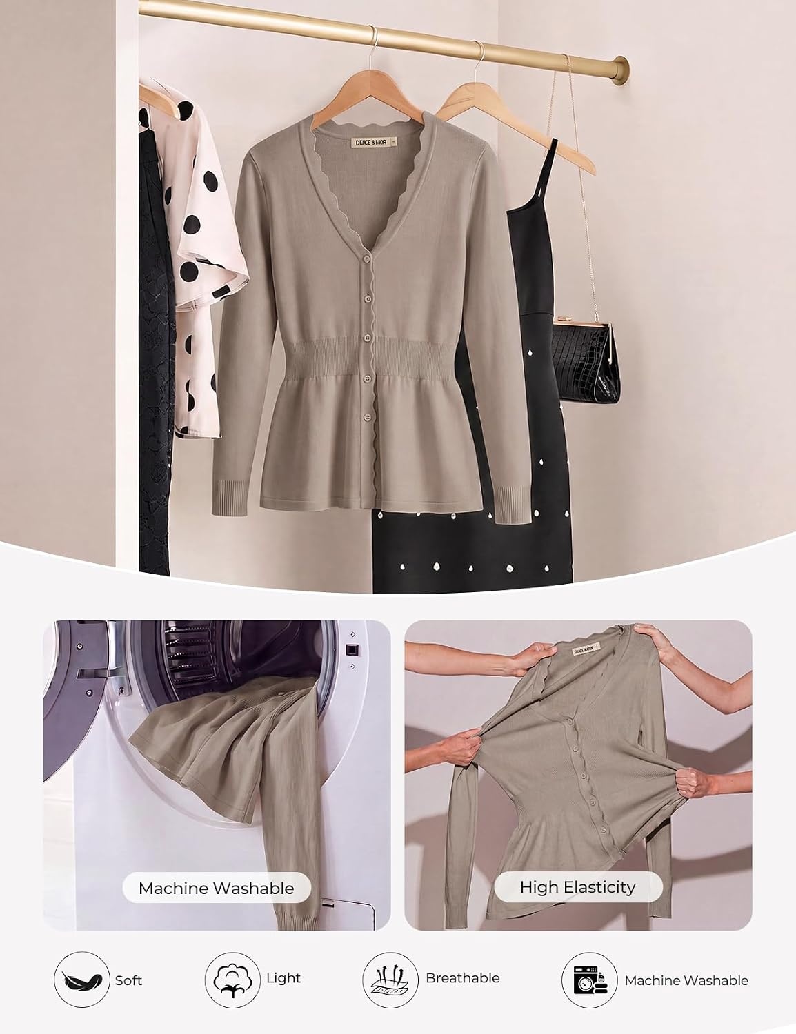 image:imageGRACE KARIN Cardigan Sweaters for Women Lightweight Long Sleeve Knit Blazer V Neck Scalloped Button Up Peplum TopsCamel