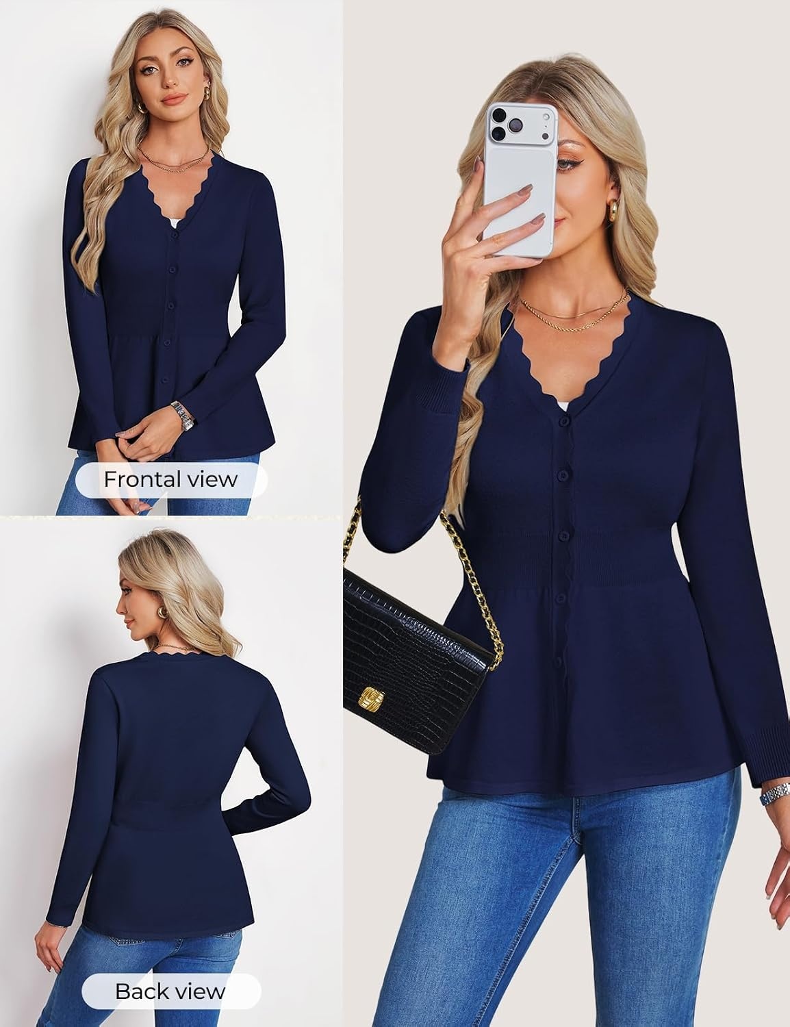 image:imageGRACE KARIN Cardigan Sweaters for Women Lightweight Long Sleeve Knit Blazer V Neck Scalloped Button Up Peplum TopsNavy