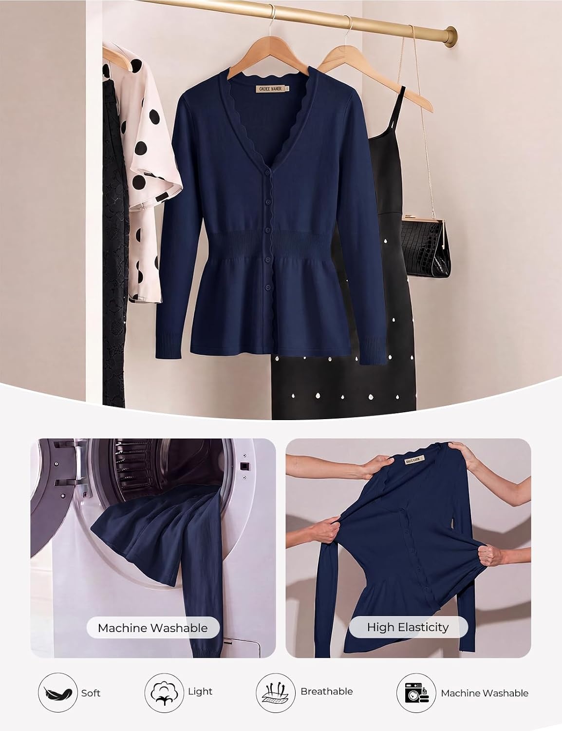 image:imageGRACE KARIN Cardigan Sweaters for Women Lightweight Long Sleeve Knit Blazer V Neck Scalloped Button Up Peplum TopsNavy