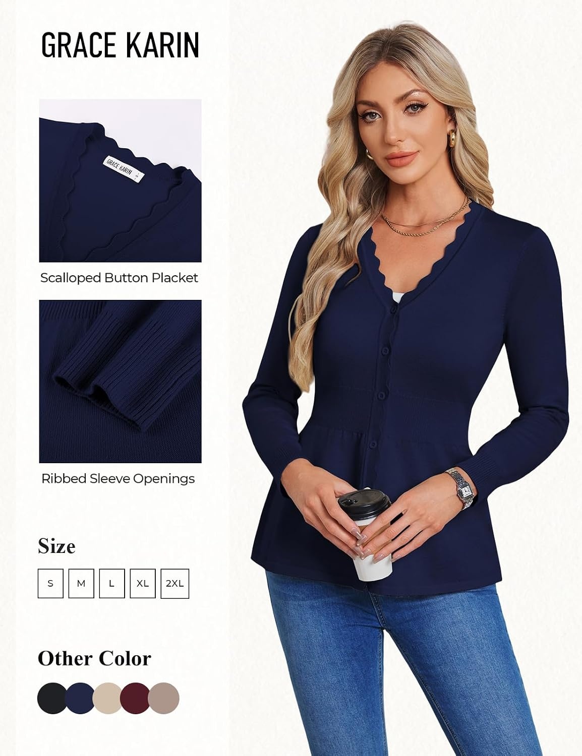 image:imageGRACE KARIN Cardigan Sweaters for Women Lightweight Long Sleeve Knit Blazer V Neck Scalloped Button Up Peplum TopsNavy