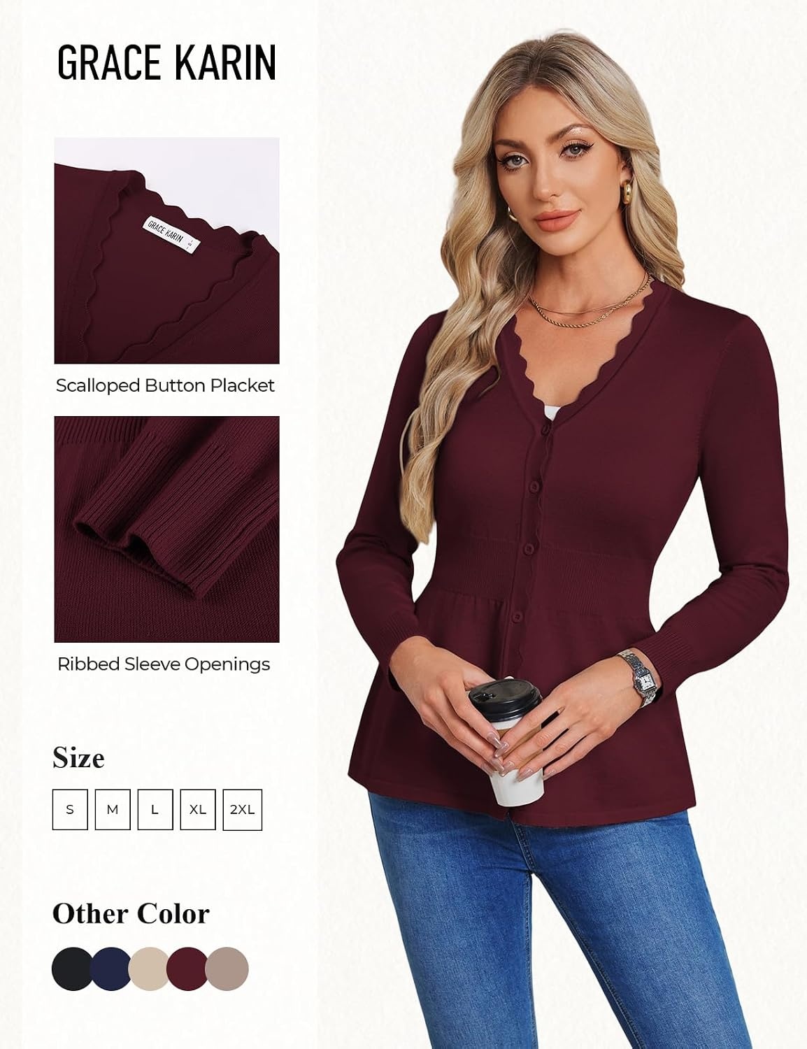 image:imageGRACE KARIN Cardigan Sweaters for Women Lightweight Long Sleeve Knit Blazer V Neck Scalloped Button Up Peplum TopsWine