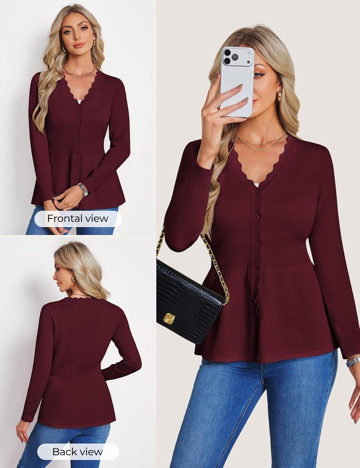 image:imageGRACE KARIN Cardigan Sweaters for Women Lightweight Long Sleeve Knit Blazer V Neck Scalloped Button Up Peplum TopsWine