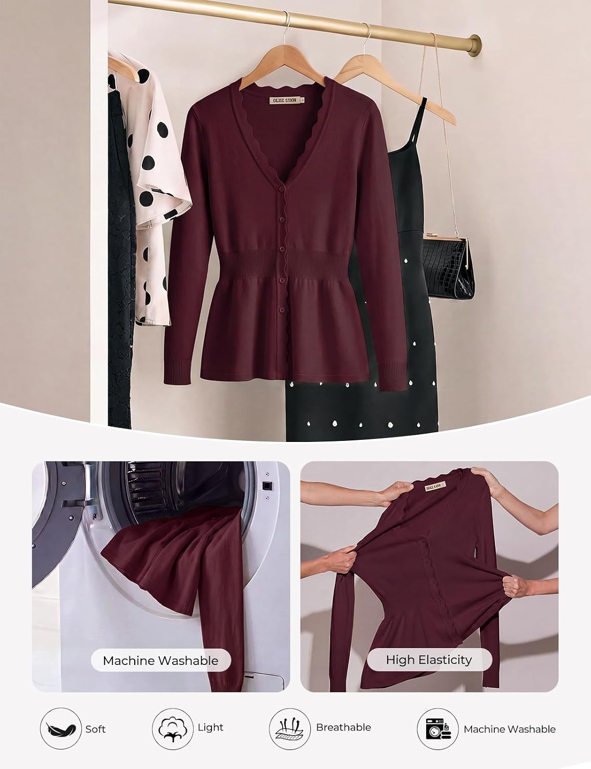 image:imageGRACE KARIN Cardigan Sweaters for Women Lightweight Long Sleeve Knit Blazer V Neck Scalloped Button Up Peplum TopsWine