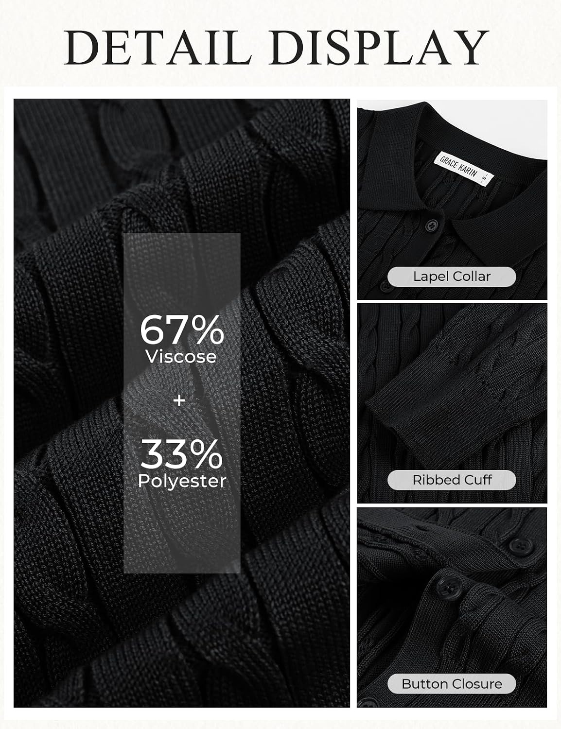 image:imageGRACE KARIN Cardigan for Women Trendy Cable Knit Long Sleeve Button Up Sweaters Lightweight Lapel Collar 2026 Fall ClothesBlack