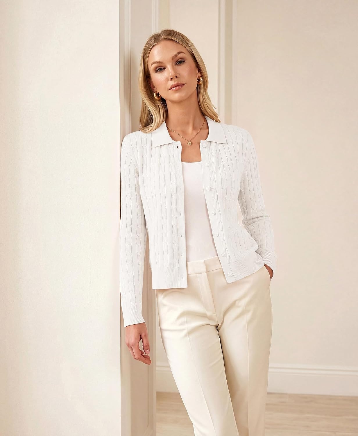 image:imageGRACE KARIN Cardigan for Women Trendy Cable Knit Long Sleeve Button Up Sweaters Lightweight Lapel Collar 2026 Fall ClothesIvory White