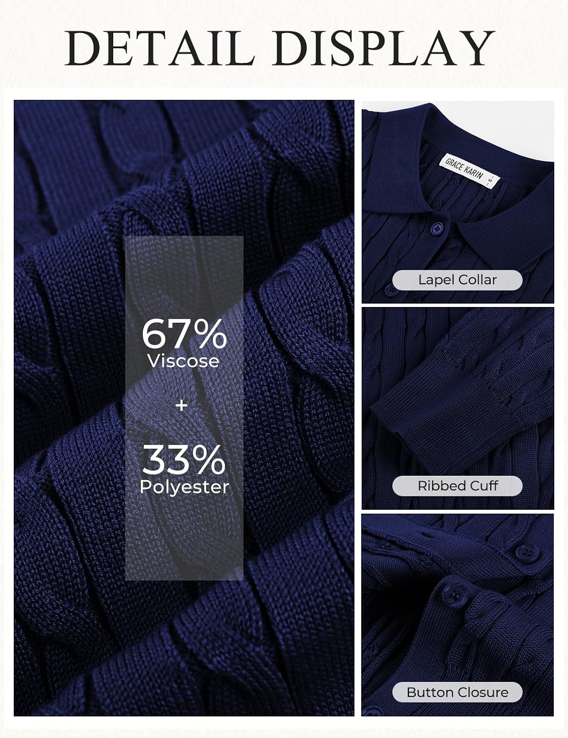 image:imageGRACE KARIN Cardigan for Women Trendy Cable Knit Long Sleeve Button Up Sweaters Lightweight Lapel Collar 2026 Fall ClothesNavy Blue