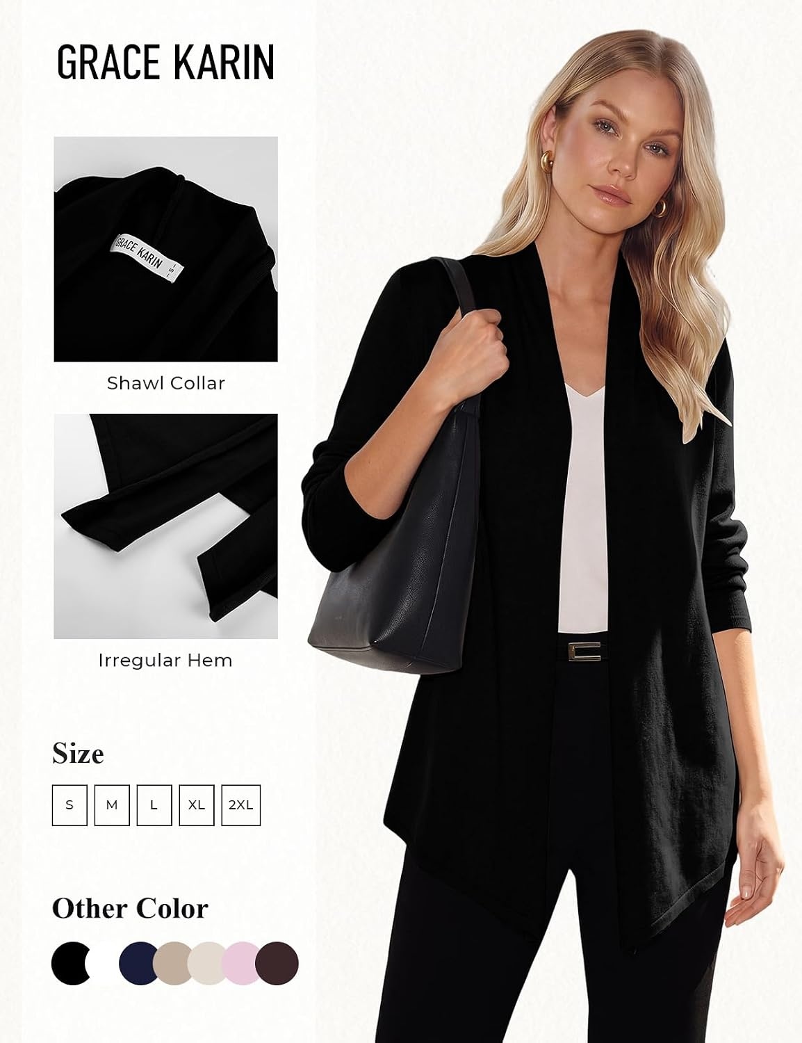 image:imageGRACE KARIN Long Cardigans for Women Lightweight Open Front Knit Draped Cardigan Sweaters Business Casual DustersBlack