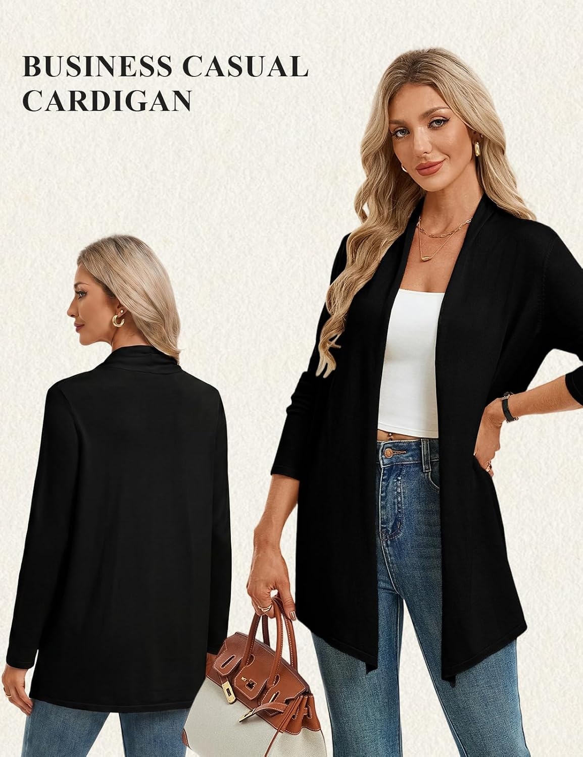 image:imageGRACE KARIN Long Cardigans for Women Lightweight Open Front Knit Draped Cardigan Sweaters Business Casual DustersBlack