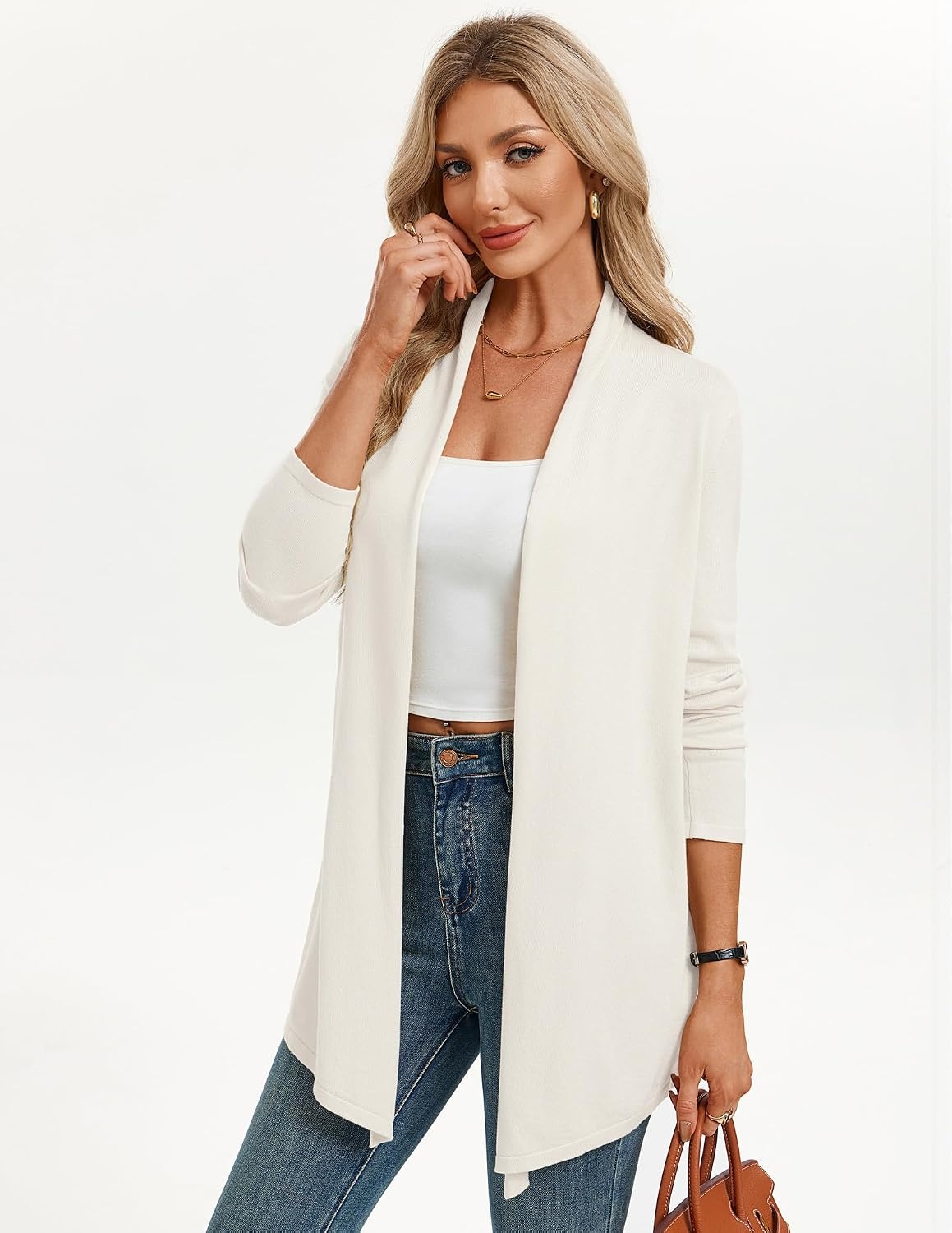 image:imageGRACE KARIN Long Cardigans for Women Lightweight Open Front Knit Draped Cardigan Sweaters Business Casual DustersIvory White