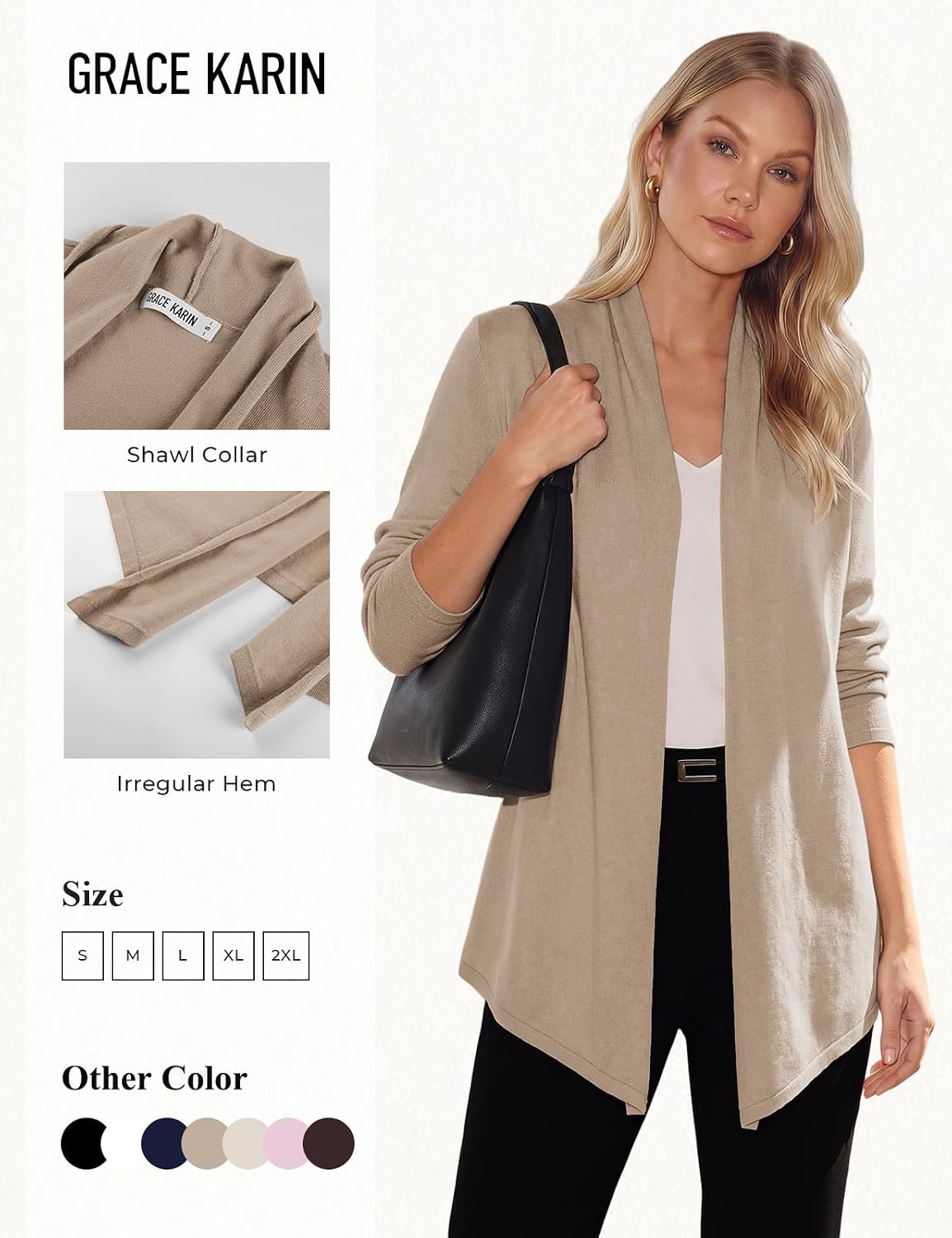 image:imageGRACE KARIN Long Cardigans for Women Lightweight Open Front Knit Draped Cardigan Sweaters Business Casual DustersKhaki
