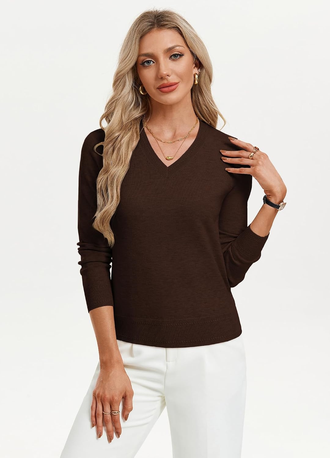 image:imageGRACE KARIN Long Sleeve V Neck Sweaters for Women Lightweight Fall Fashion Knitted Pullover Sweaters Tops Dressy OutfitsChocolate Brown