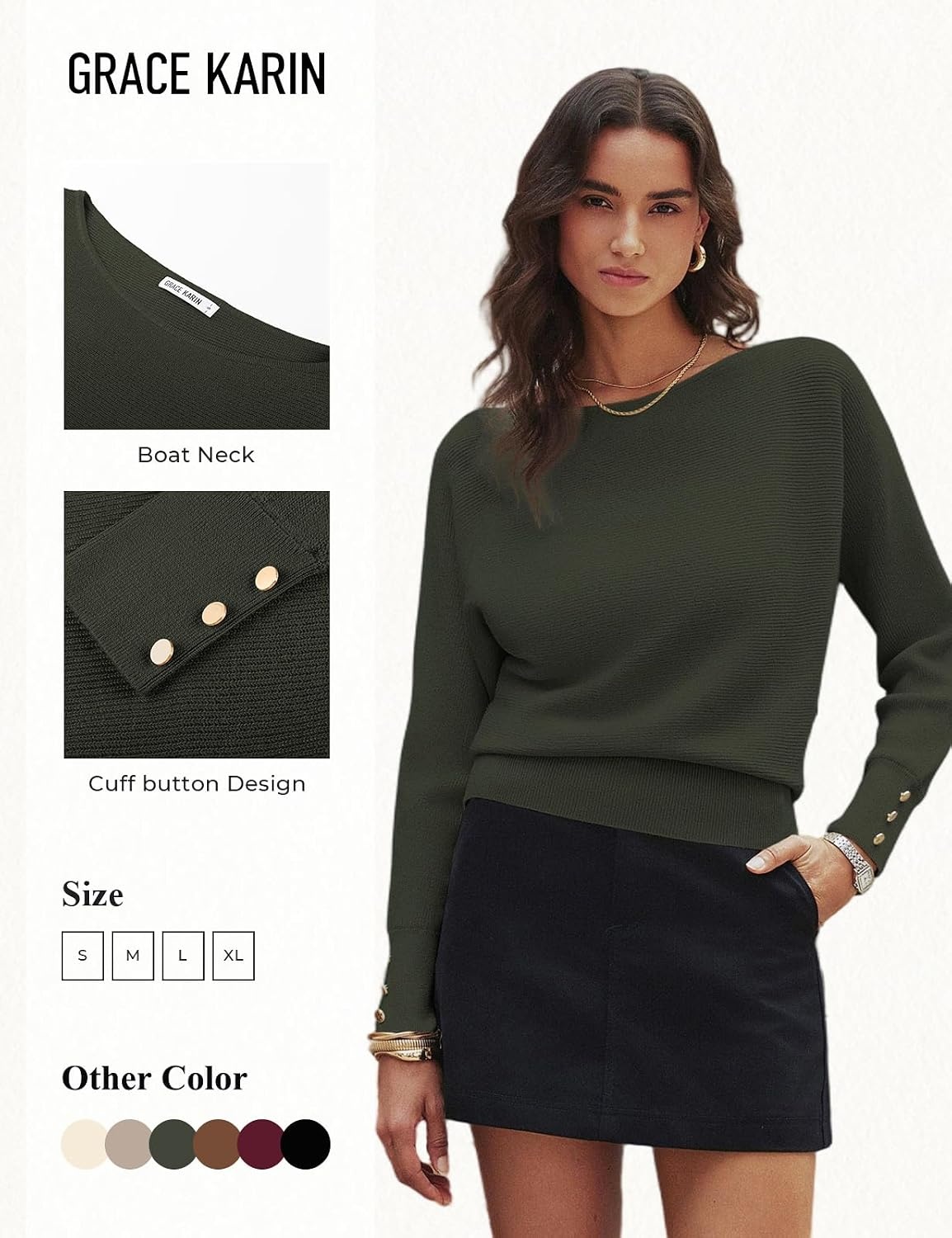 image:imageGRACE KARIN Womens Off The Shoulder Sweater 2026 Trendy Long Batwing Sleeve Knit Pullover Sweaters Loose Dolman Blouse TopsArmy Green