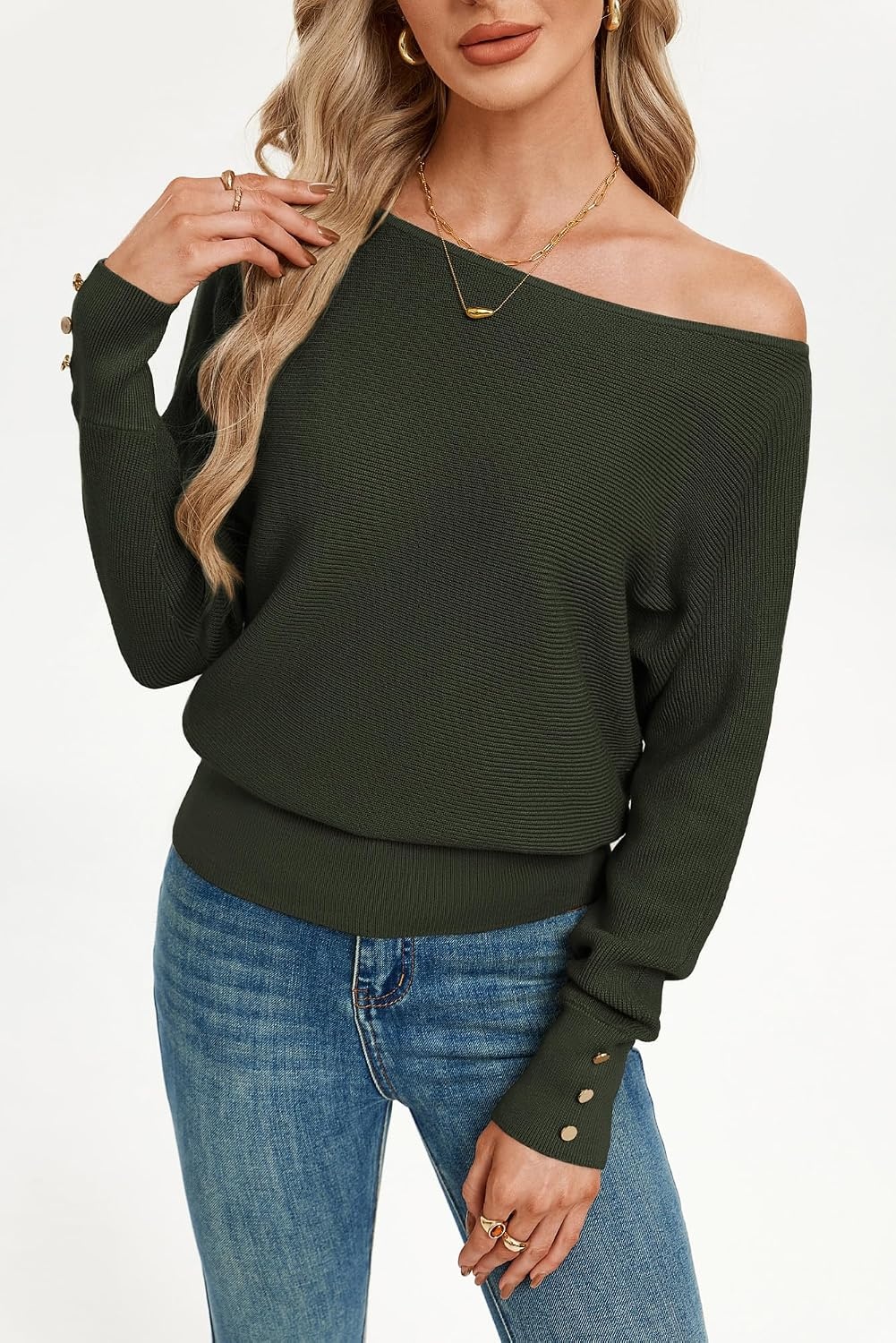 image:imageGRACE KARIN Womens Off The Shoulder Sweater 2026 Trendy Long Batwing Sleeve Knit Pullover Sweaters Loose Dolman Blouse TopsArmy Green