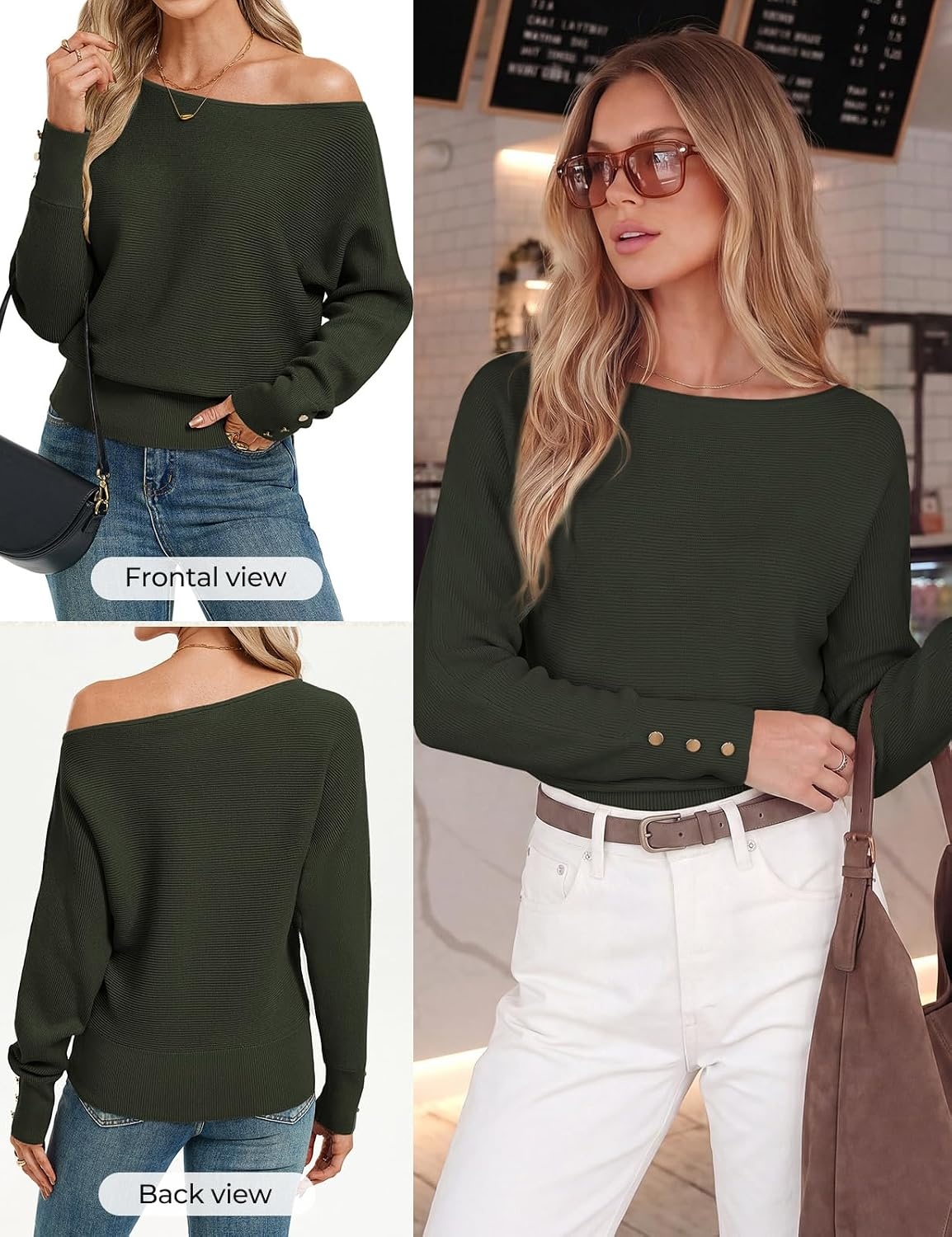 image:imageGRACE KARIN Womens Off The Shoulder Sweater 2026 Trendy Long Batwing Sleeve Knit Pullover Sweaters Loose Dolman Blouse TopsArmy Green