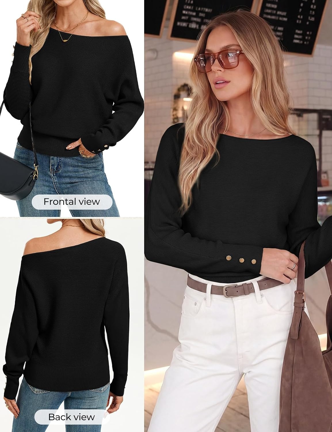 image:imageGRACE KARIN Womens Off The Shoulder Sweater 2026 Trendy Long Batwing Sleeve Knit Pullover Sweaters Loose Dolman Blouse TopsBlack