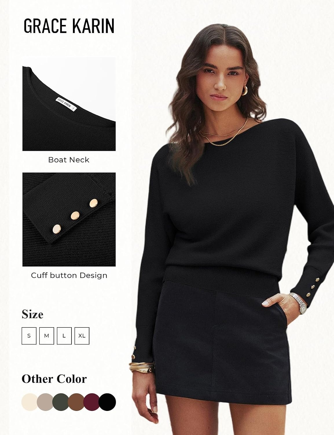 image:imageGRACE KARIN Womens Off The Shoulder Sweater 2026 Trendy Long Batwing Sleeve Knit Pullover Sweaters Loose Dolman Blouse TopsBlack