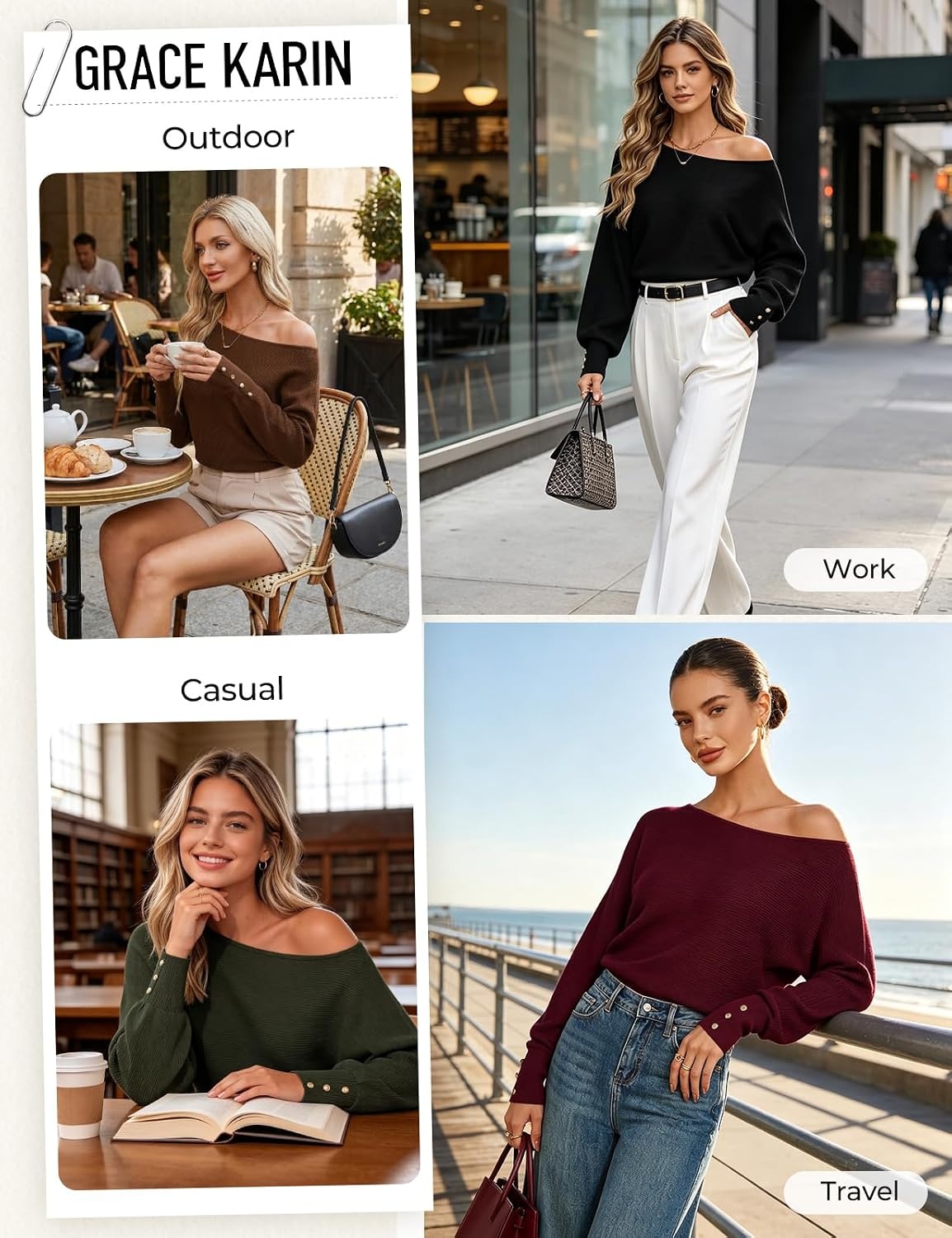 image:imageGRACE KARIN Womens Off The Shoulder Sweater 2026 Trendy Long Batwing Sleeve Knit Pullover Sweaters Loose Dolman Blouse TopsBlack