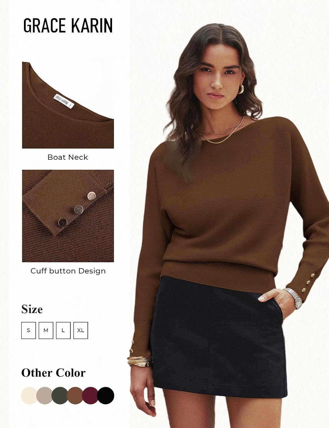 image:imageGRACE KARIN Womens Off The Shoulder Sweater 2026 Trendy Long Batwing Sleeve Knit Pullover Sweaters Loose Dolman Blouse TopsCoffee