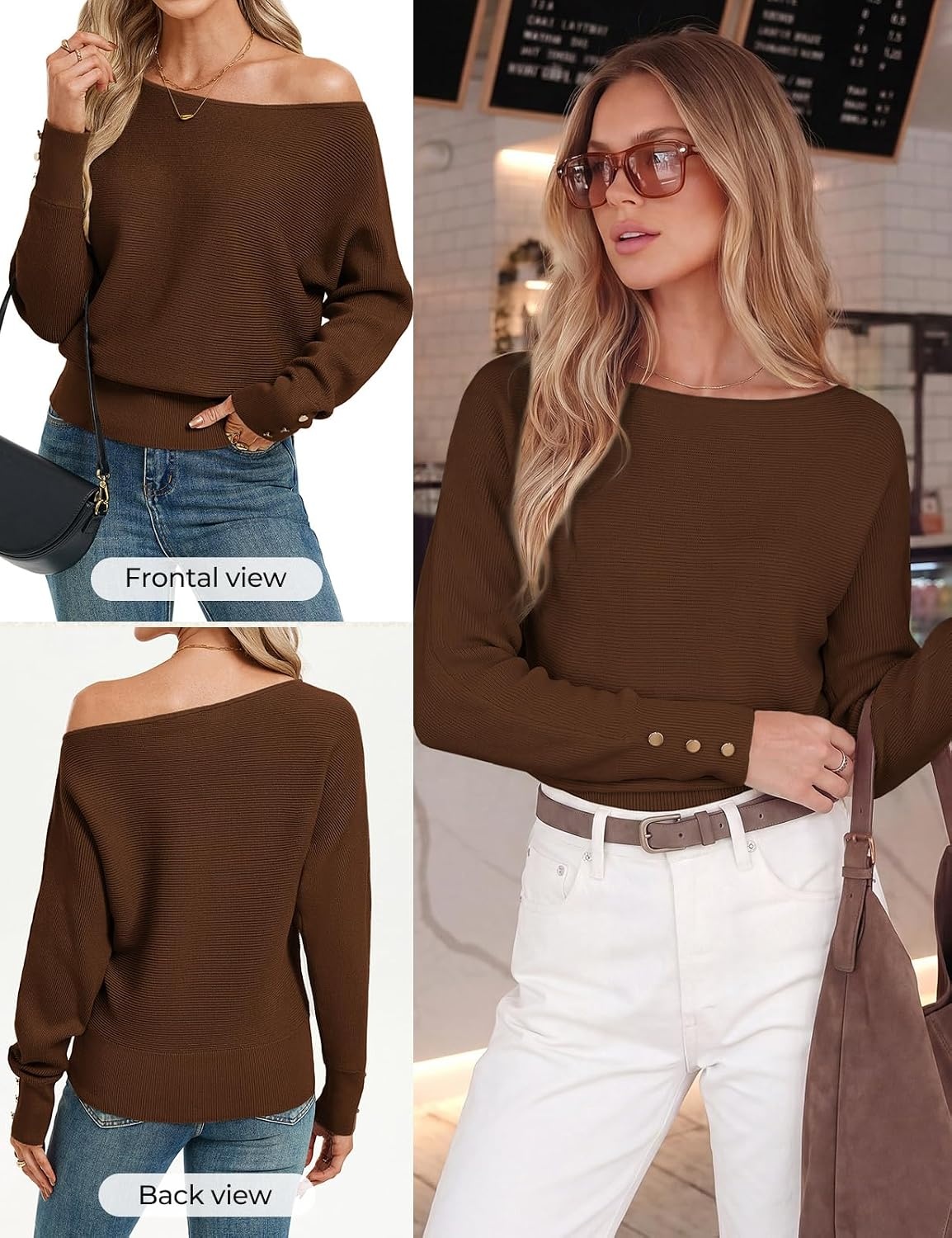 image:imageGRACE KARIN Womens Off The Shoulder Sweater 2026 Trendy Long Batwing Sleeve Knit Pullover Sweaters Loose Dolman Blouse TopsCoffee