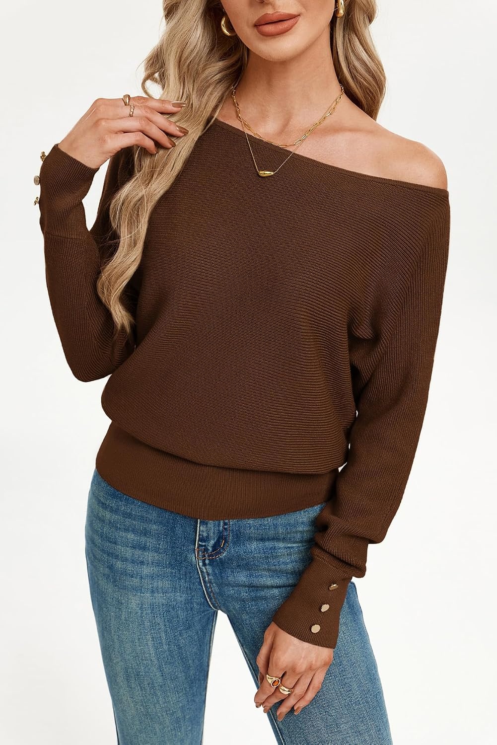 image:imageGRACE KARIN Womens Off The Shoulder Sweater 2026 Trendy Long Batwing Sleeve Knit Pullover Sweaters Loose Dolman Blouse TopsCoffee
