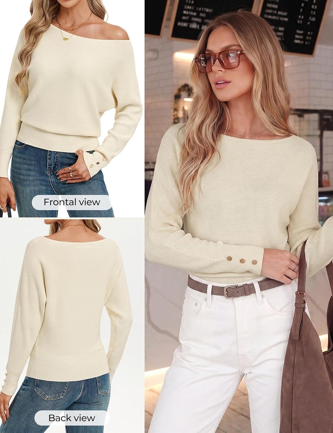 image:imageGRACE KARIN Womens Off The Shoulder Sweater 2026 Trendy Long Batwing Sleeve Knit Pullover Sweaters Loose Dolman Blouse TopsCream