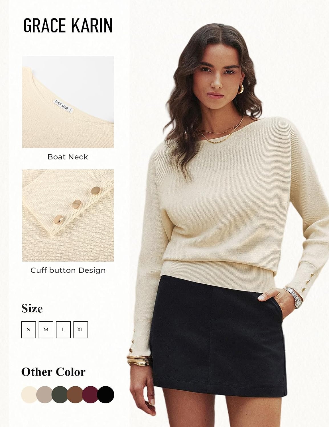 image:imageGRACE KARIN Womens Off The Shoulder Sweater 2026 Trendy Long Batwing Sleeve Knit Pullover Sweaters Loose Dolman Blouse TopsCream