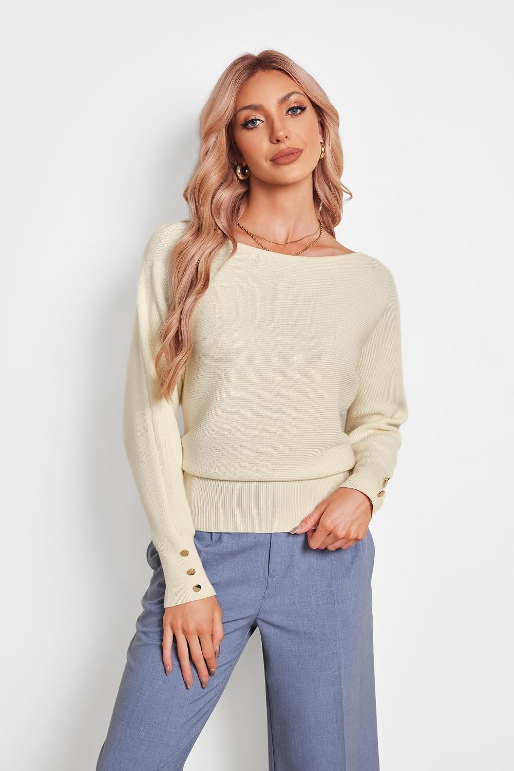 image:imageGRACE KARIN Womens Off The Shoulder Sweater 2026 Trendy Long Batwing Sleeve Knit Pullover Sweaters Loose Dolman Blouse TopsCream