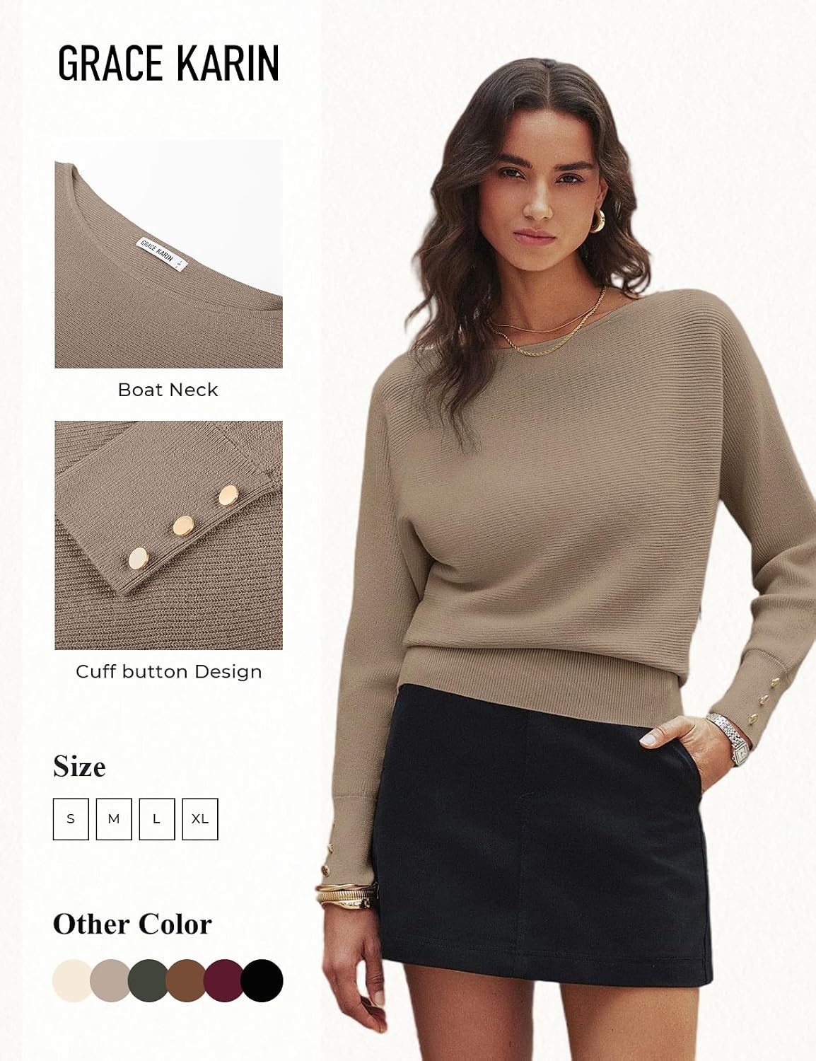 image:imageGRACE KARIN Womens Off The Shoulder Sweater 2026 Trendy Long Batwing Sleeve Knit Pullover Sweaters Loose Dolman Blouse TopsKhaki