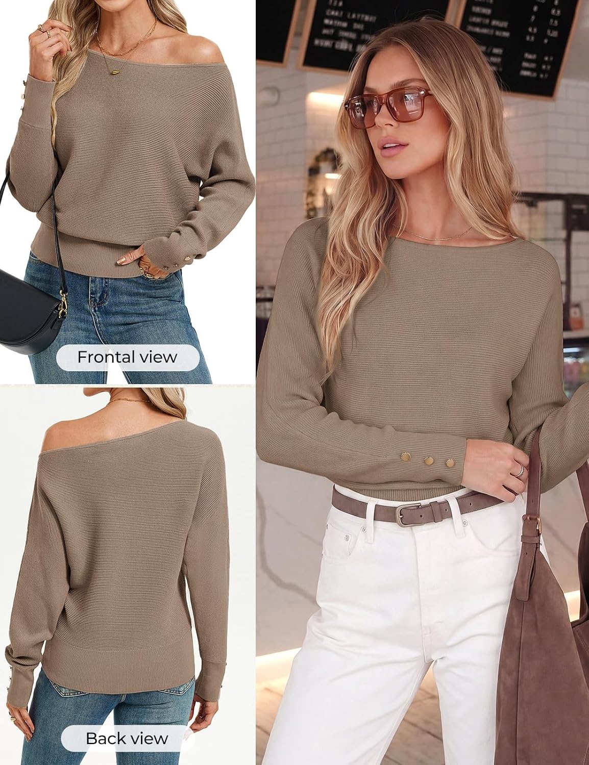 image:imageGRACE KARIN Womens Off The Shoulder Sweater 2026 Trendy Long Batwing Sleeve Knit Pullover Sweaters Loose Dolman Blouse TopsKhaki