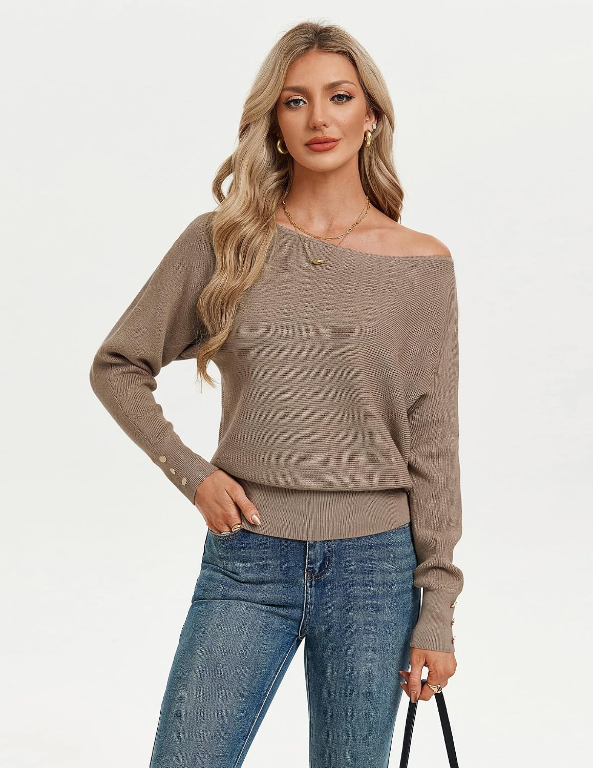 image:imageGRACE KARIN Womens Off The Shoulder Sweater 2026 Trendy Long Batwing Sleeve Knit Pullover Sweaters Loose Dolman Blouse TopsKhaki
