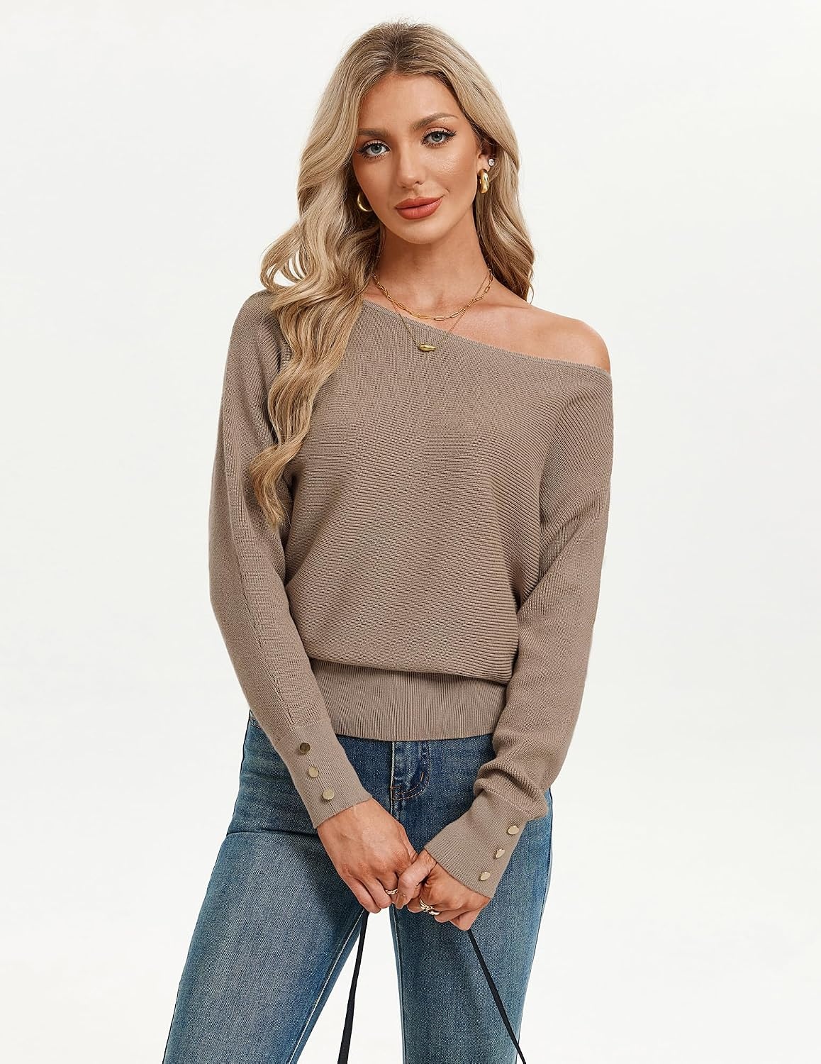 image:imageGRACE KARIN Womens Off The Shoulder Sweater 2026 Trendy Long Batwing Sleeve Knit Pullover Sweaters Loose Dolman Blouse TopsKhaki