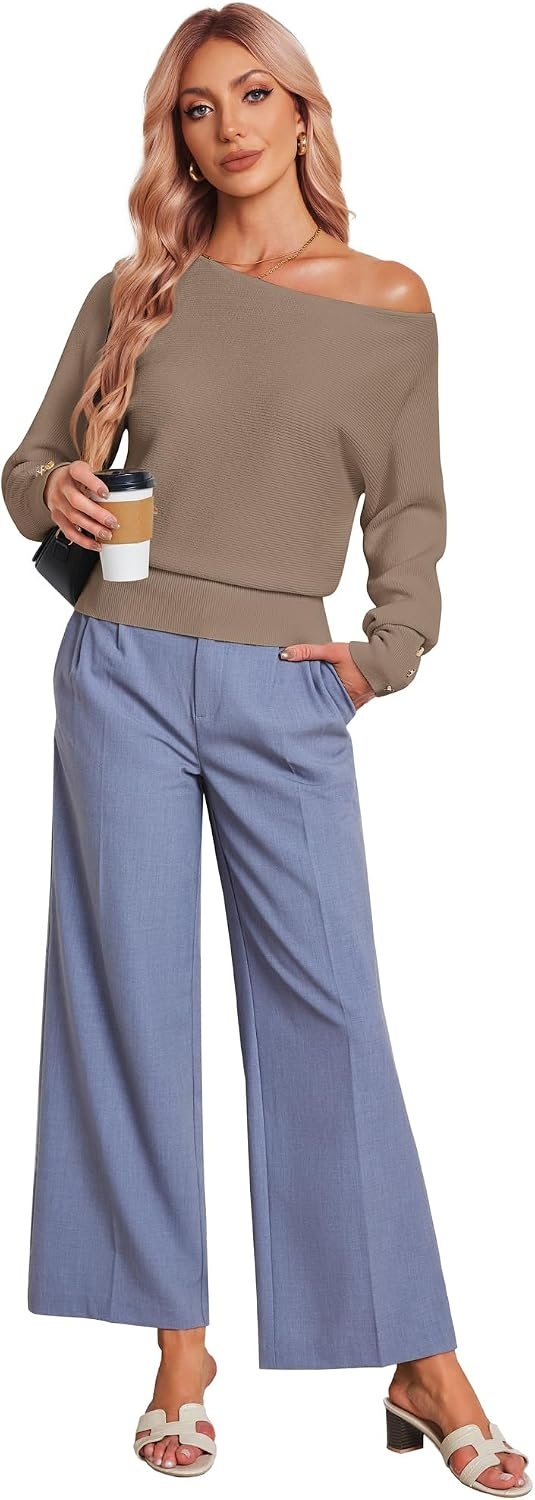 image:imageGRACE KARIN Womens Off The Shoulder Sweater 2026 Trendy Long Batwing Sleeve Knit Pullover Sweaters Loose Dolman Blouse TopsKhaki