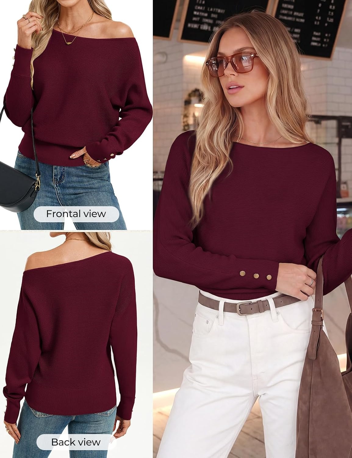 image:imageGRACE KARIN Womens Off The Shoulder Sweater 2026 Trendy Long Batwing Sleeve Knit Pullover Sweaters Loose Dolman Blouse TopsWine Red