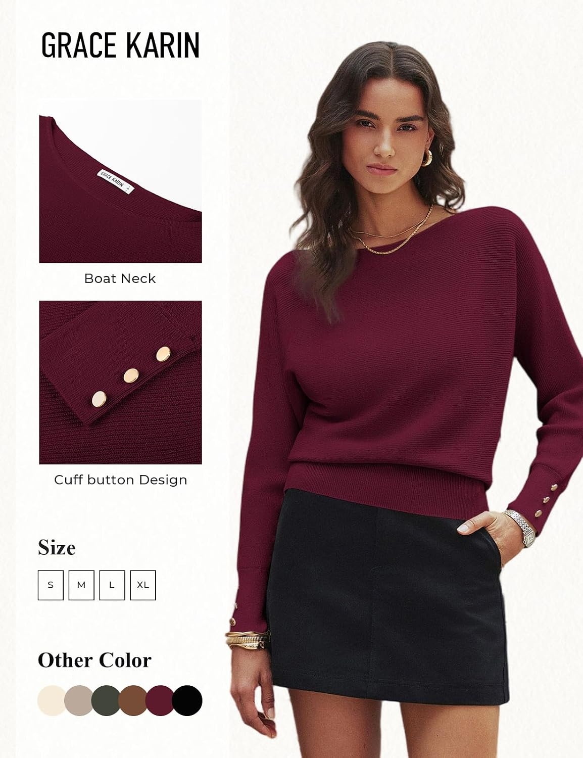 image:imageGRACE KARIN Womens Off The Shoulder Sweater 2026 Trendy Long Batwing Sleeve Knit Pullover Sweaters Loose Dolman Blouse TopsWine Red