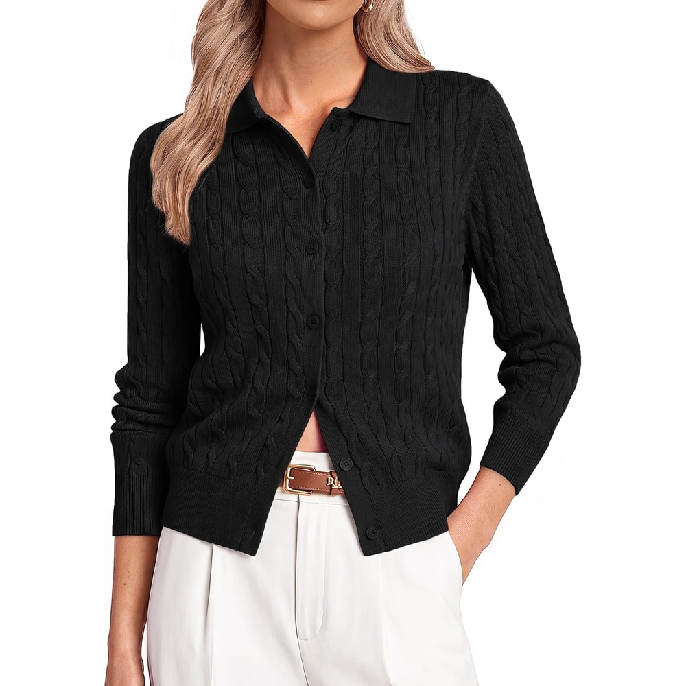 image:imageGRACE KARIN Cardigan for Women Trendy Cable Knit Long Sleeve Button Up Sweaters Lightweight Lapel Collar 2026 Fall ClothesBlack