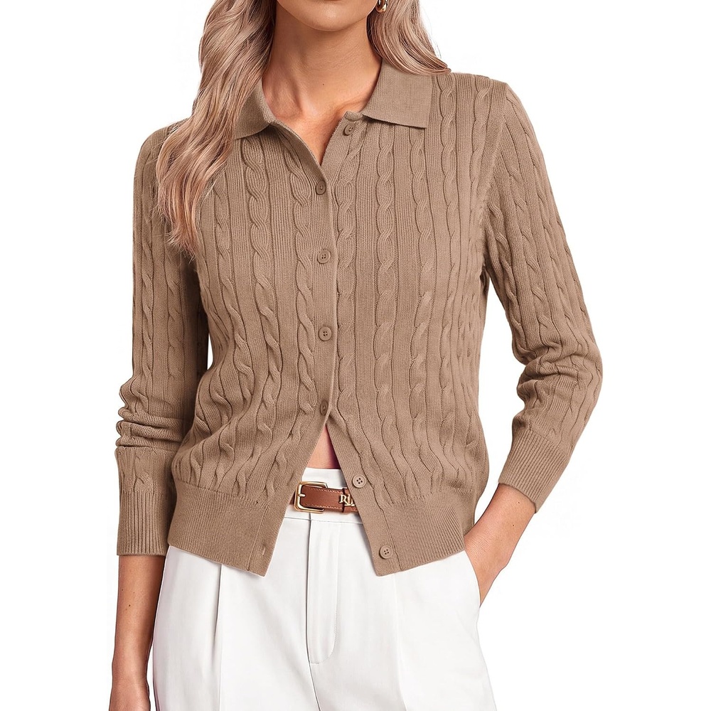image:imageGRACE KARIN Cardigan for Women Trendy Cable Knit Long Sleeve Button Up Sweaters Lightweight Lapel Collar 2026 Fall ClothesDark Camel